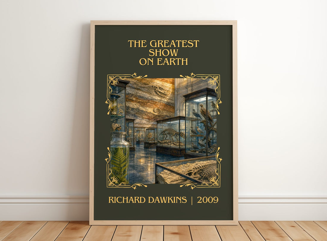 The Greatest Show on Earth Classic Book Art Print by Richard Dawkins – framed print leaning on a wooden floor