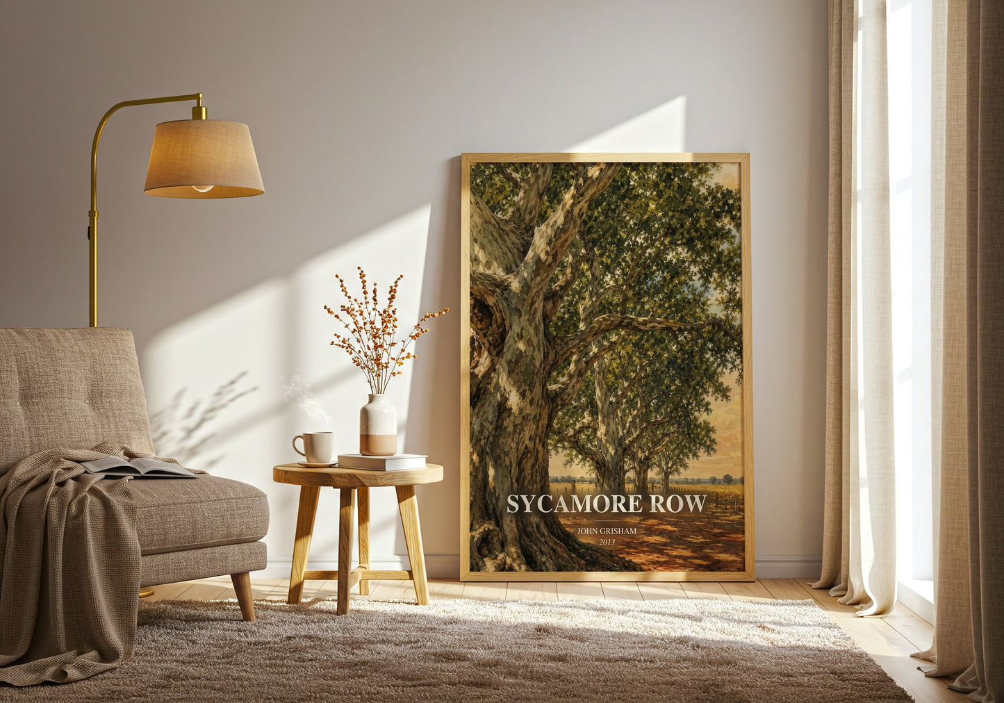 Sycamore Row watercolour print in frame leaning in hallway – thriller wall art
