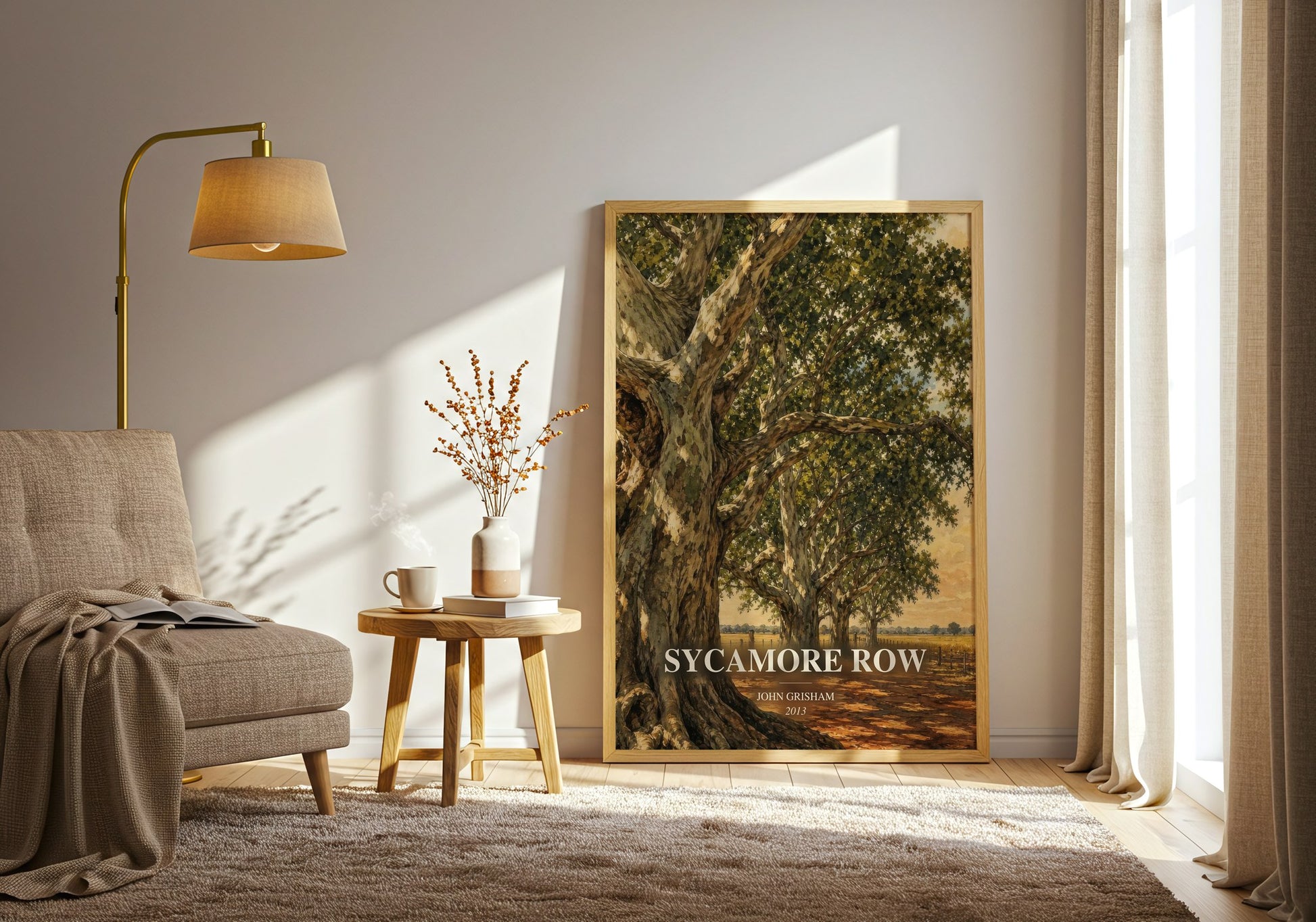 Sycamore Row watercolour print in frame leaning in hallway – thriller wall art