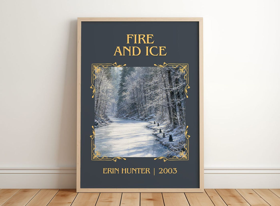 Fire and Ice Classic Book Art Print by Erin Hunter – framed print leaning on a wooden floor