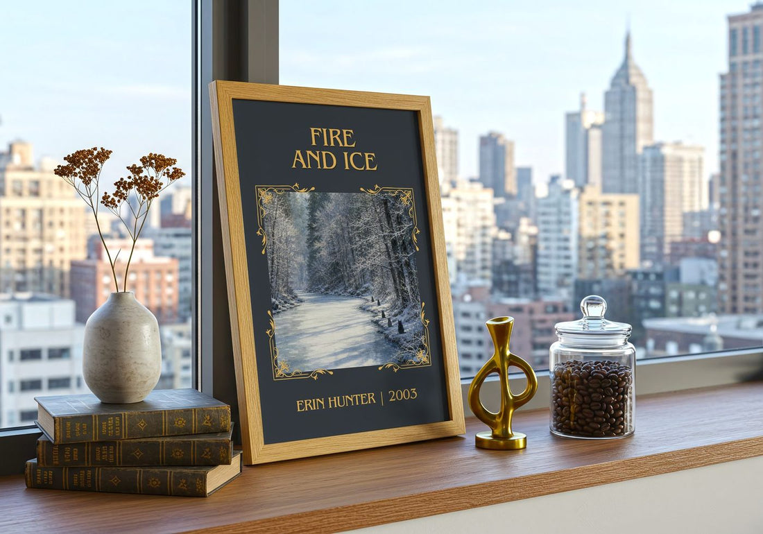 Fire and Ice Classic Book Art Print by Erin Hunter – framed print on a city-view windowsill