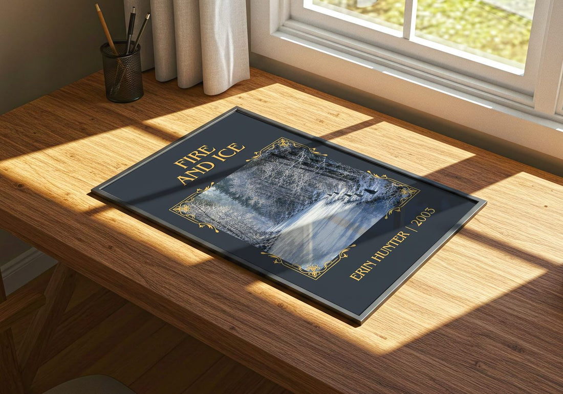 Fire and Ice Classic Book Art Print by Erin Hunter – print on a sunlit desk