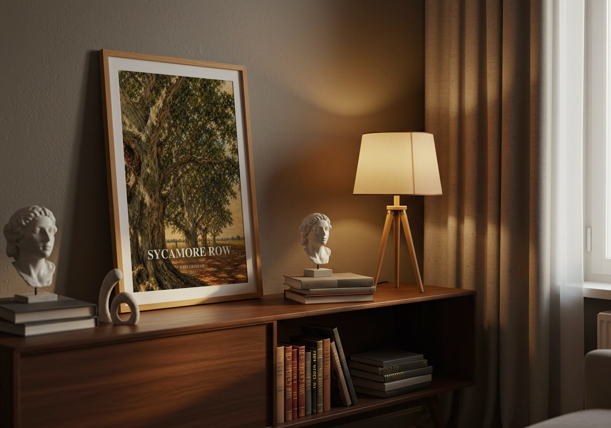 Sycamore Row watercolour print on bookshelf – John Grisham fan gift
