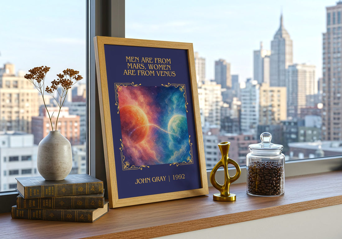 Men are From Mars, Women are From Venus Classic Book Art Print by John Gray – framed print on a city-view windowsill