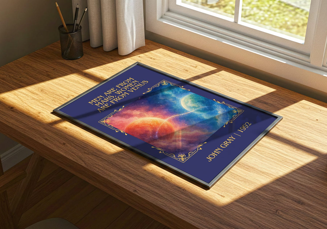 Men are From Mars, Women are From Venus Classic Book Art Print by John Gray – print on a sunlit desk