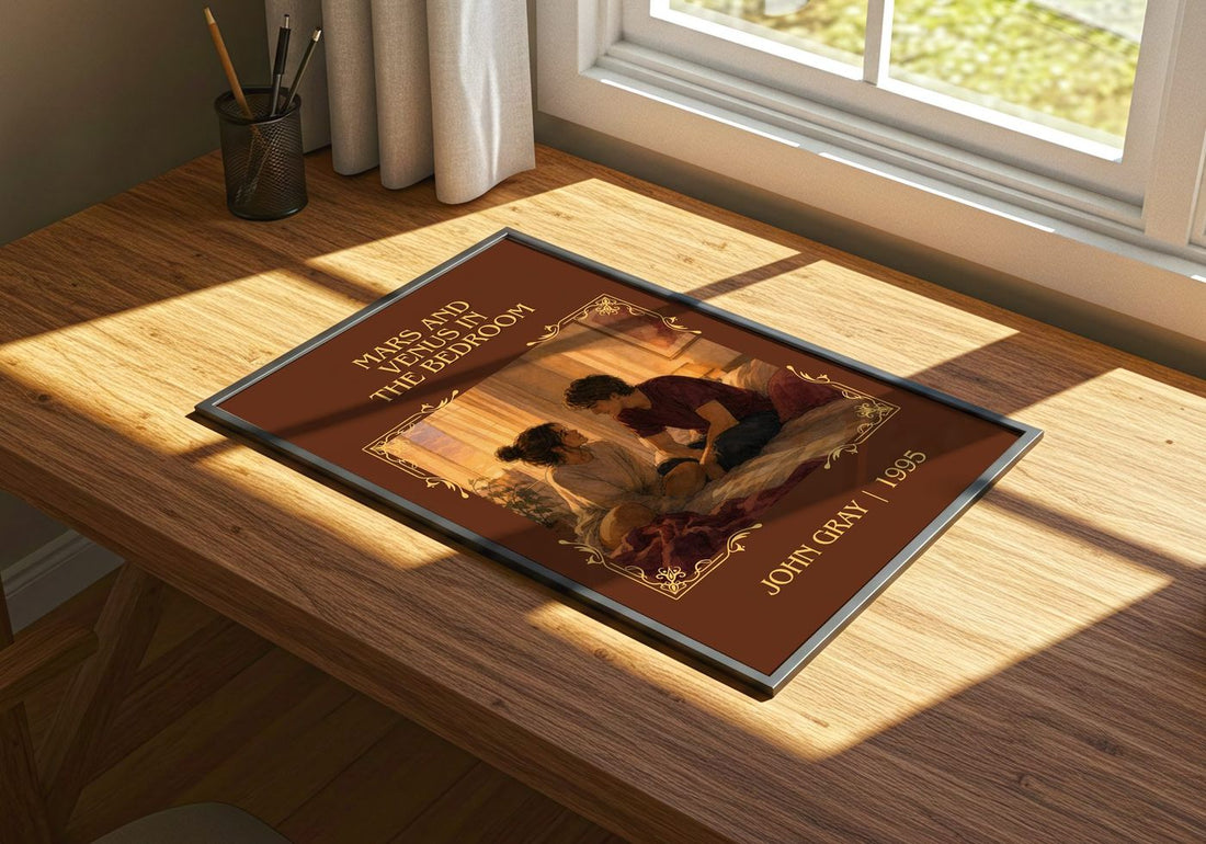 Mars and Venus in the bedroom Classic Book Art Print by John Gray – print on a sunlit desk
