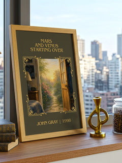 Mars and Venus Starting Over Classic Book Art Print by John Gray – framed print on a city-view windowsill