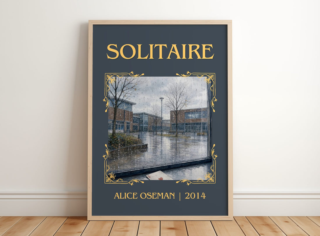 Solitaire Classic Book Art Print by Alice Oseman – framed print leaning on a wooden floor
