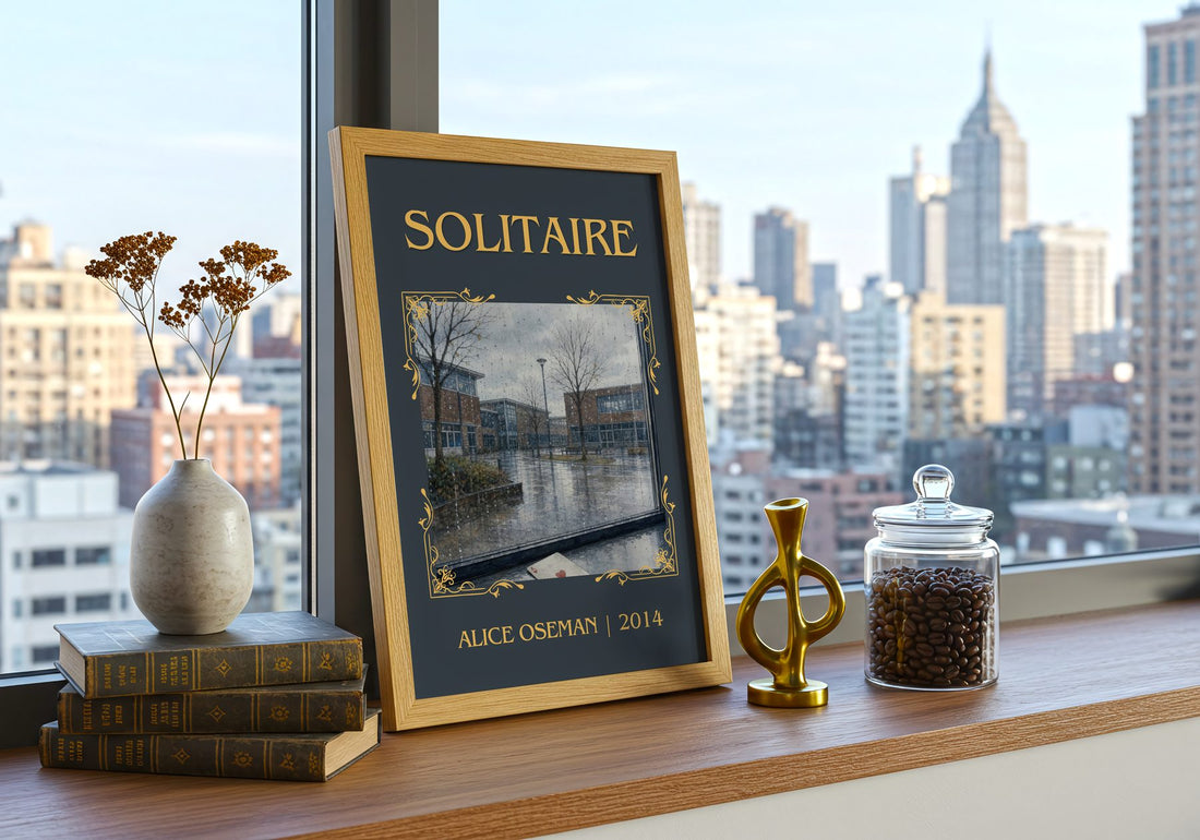Solitaire Classic Book Art Print by Alice Oseman – framed print on a city-view windowsill