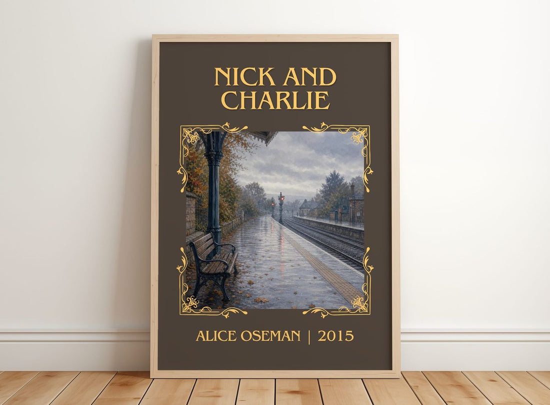 Nick and Charlie Classic Book Art Print by Alice Oseman – framed print leaning on a wooden floor