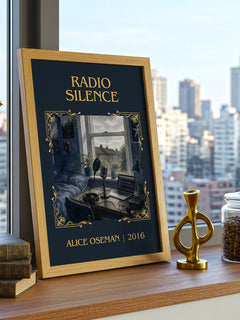 Radio Silence Classic Book Art Print by Alice Oseman – framed print on a city-view windowsill