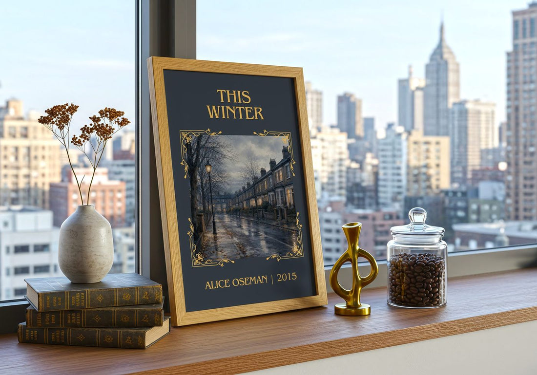 This Winter Classic Book Art Print by Alice Oseman – framed print on a city-view windowsill