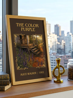 The Color Purple Classic Book Art Print by Alice Walker – framed print on a city-view windowsill