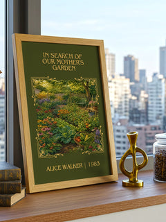 In Search of Our Mother's Garden Classic Book Art Print by A. Walker – framed print on a city-view windowsill
