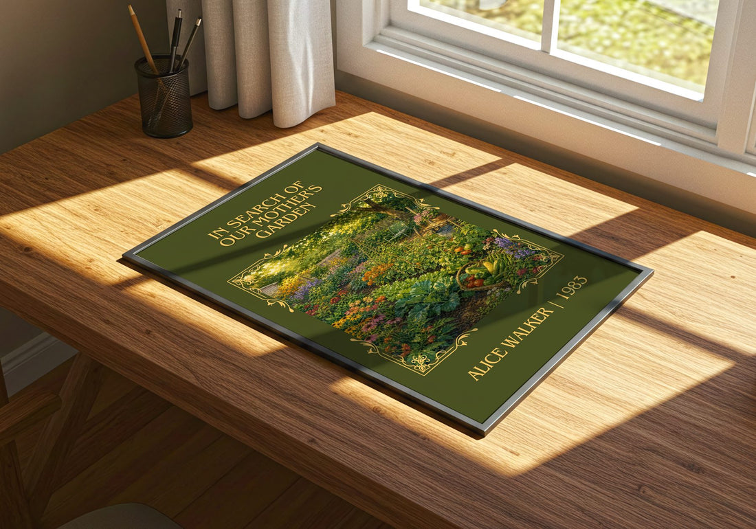In Search of Our Mother's Garden Classic Book Art Print by A. Walker – print on a sunlit desk