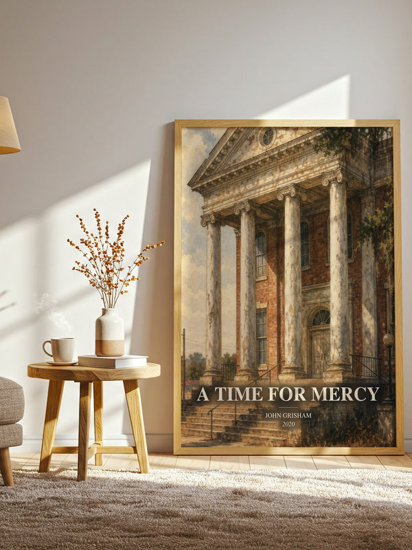 A Time For Mercy watercolour print in frame leaning in hallway – thriller wall art