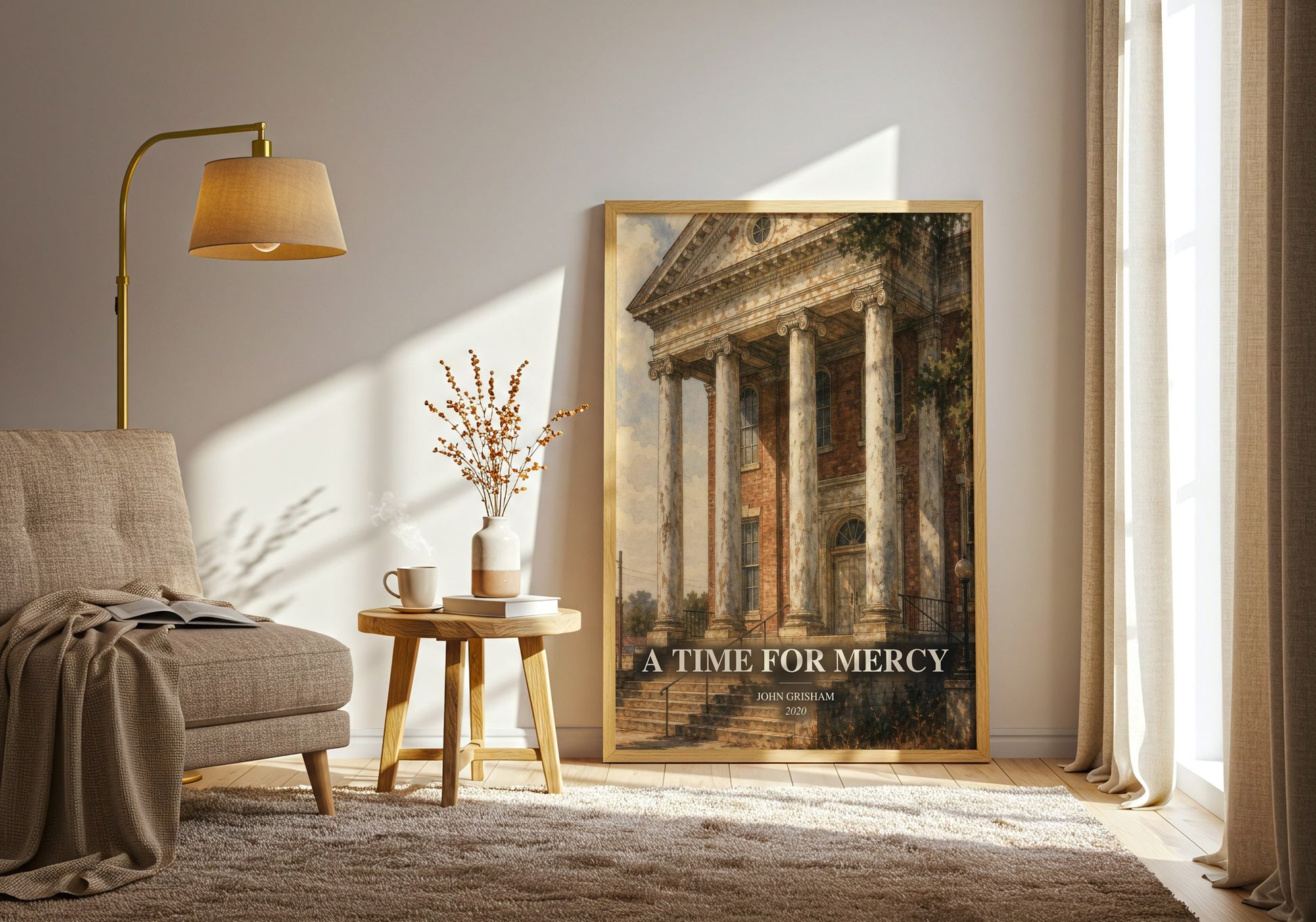 A Time For Mercy watercolour print in frame leaning in hallway – thriller wall art
