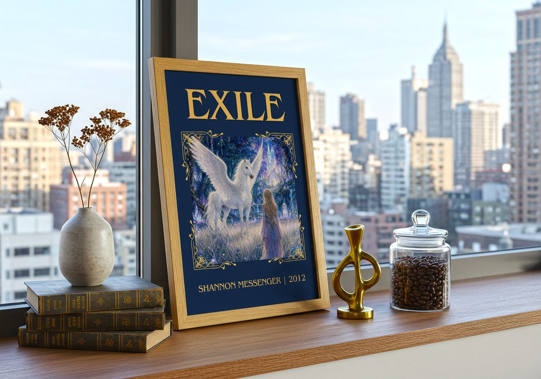 Exile Classic Book Art Print by Shannon Messenger – framed print on a city-view windowsill