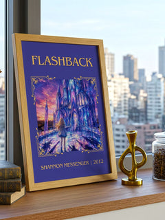 Flashback Classic Book Art Print by Shannon Messenger – framed print on a city-view windowsill