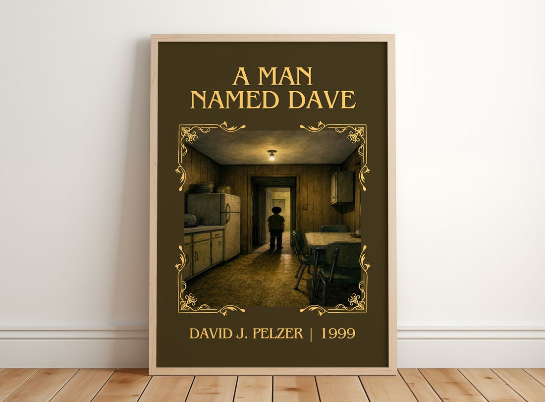 A man named Dave Classic Book Art Print by David J. Pelzer – framed print leaning on a wooden floor