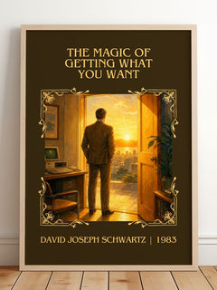 Magic of Getting What You Want Classic Book Art Print by D. Schwartz – framed print leaning on a wooden floor