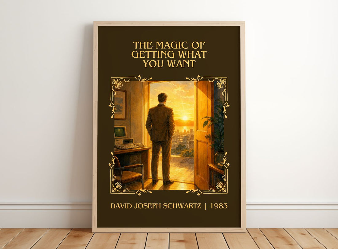 Magic of Getting What You Want Classic Book Art Print by D. Schwartz – framed print leaning on a wooden floor