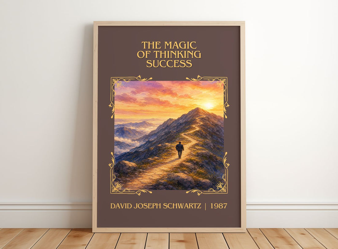 Magic of Thinking Success Classic Book Art Print by D. Schwartz – framed print leaning on a wooden floor