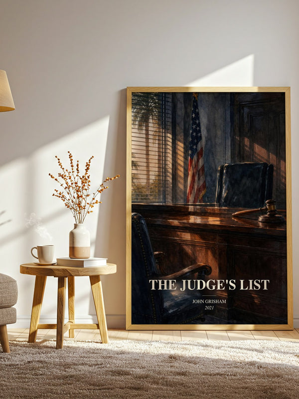 The Judge'S List watercolour print in frame leaning in hallway – thriller wall art