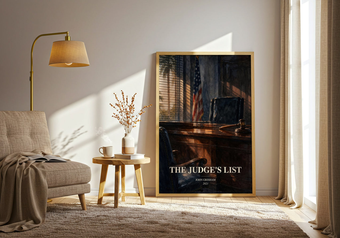 The Judge'S List watercolour print in frame leaning in hallway – thriller wall art