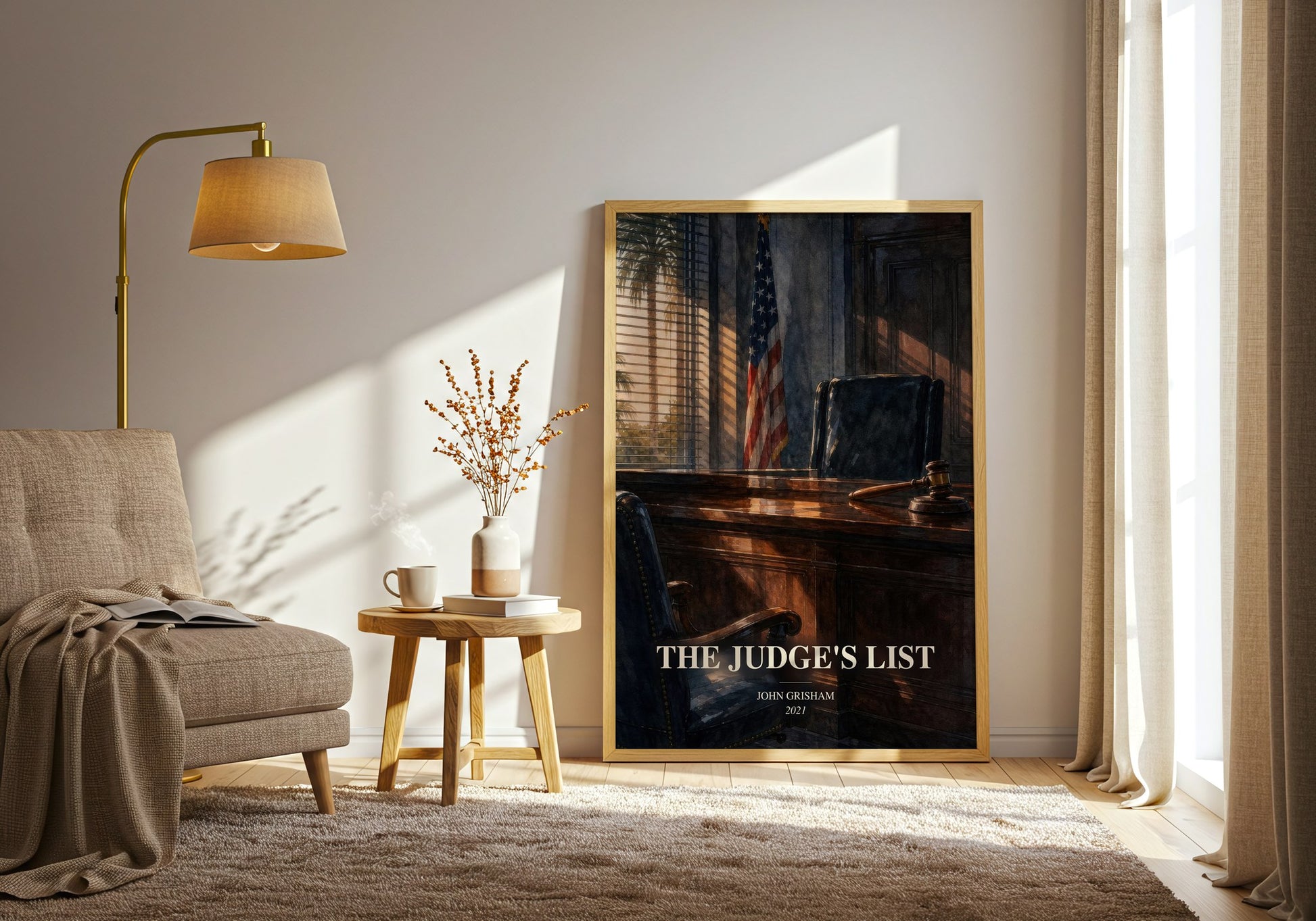 The Judge'S List watercolour print in frame leaning in hallway – thriller wall art