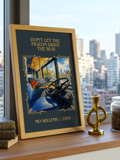 Don't Let the Pigeon Drive the Bus! Classic Book Art Print by Mo Willems – framed print on a city-view windowsill