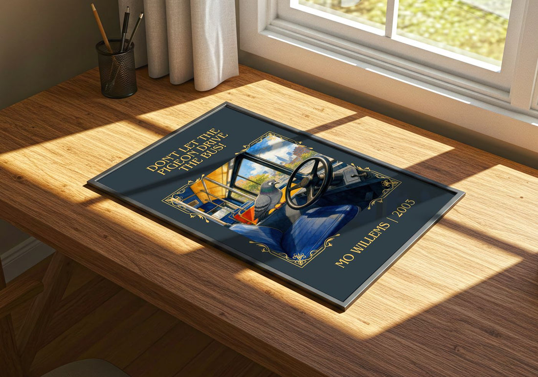Don't Let the Pigeon Drive the Bus! Classic Book Art Print by Mo Willems – print on a sunlit desk