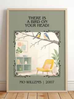 There is a bird on your head! Classic Book Art Print by Mo Willems – framed print leaning on a wooden floor