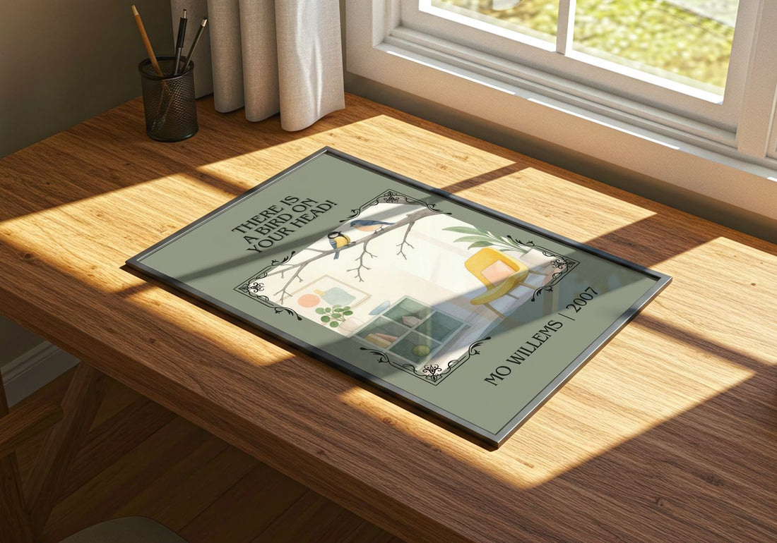 There is a bird on your head! Classic Book Art Print by Mo Willems – print on a sunlit desk
