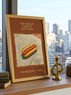 The Pigeon finds a hot dog! Classic Book Art Print by Mo Willems – framed print on a city-view windowsill
