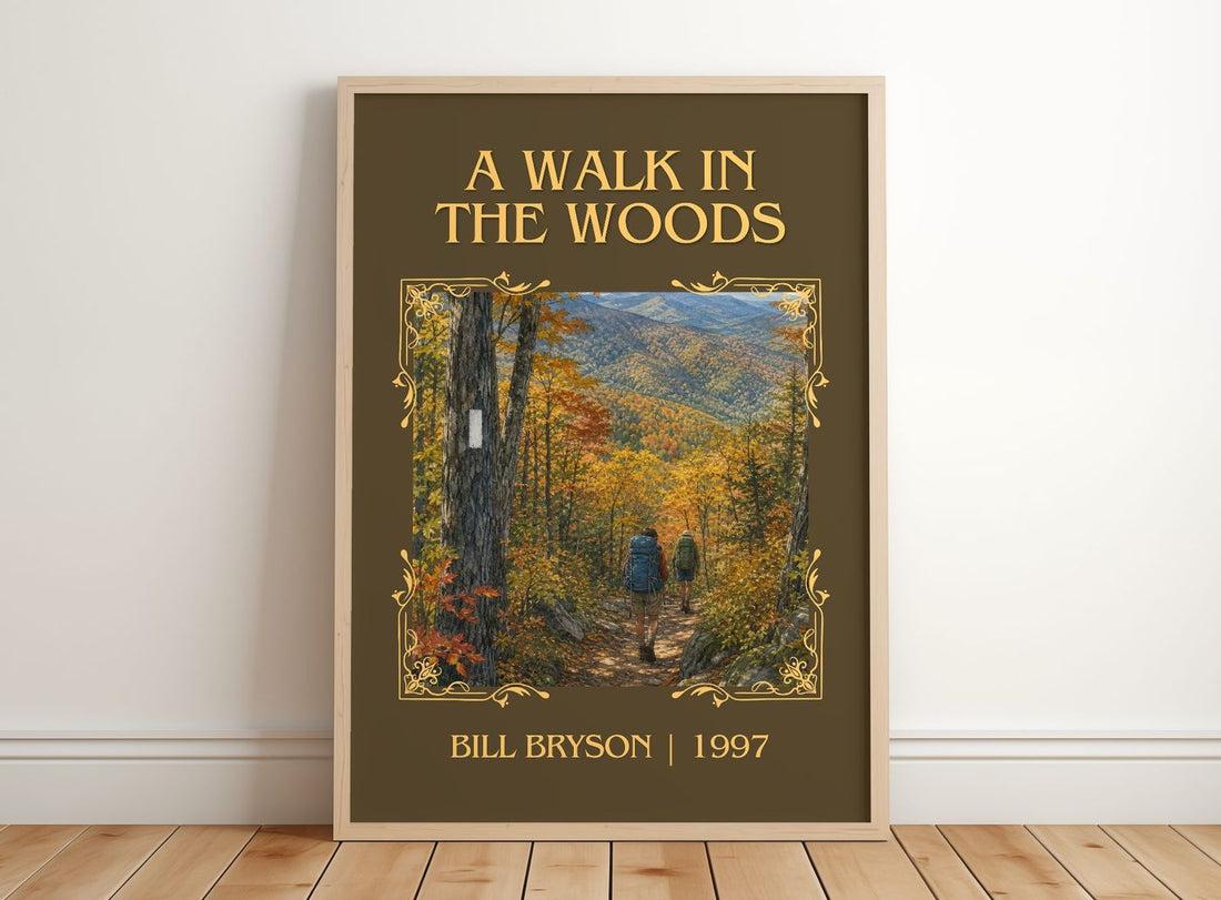 A Walk in the Woods Classic Book Art Print by Bill Bryson – framed print leaning on a wooden floor