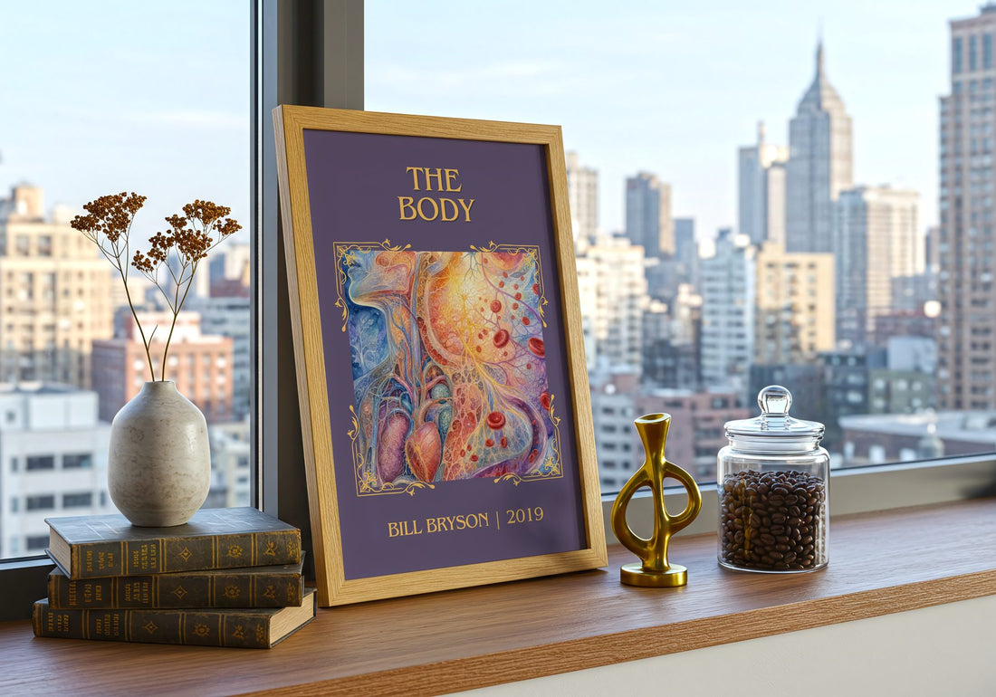 The Body Classic Book Art Print by Bill Bryson – framed print on a city-view windowsill