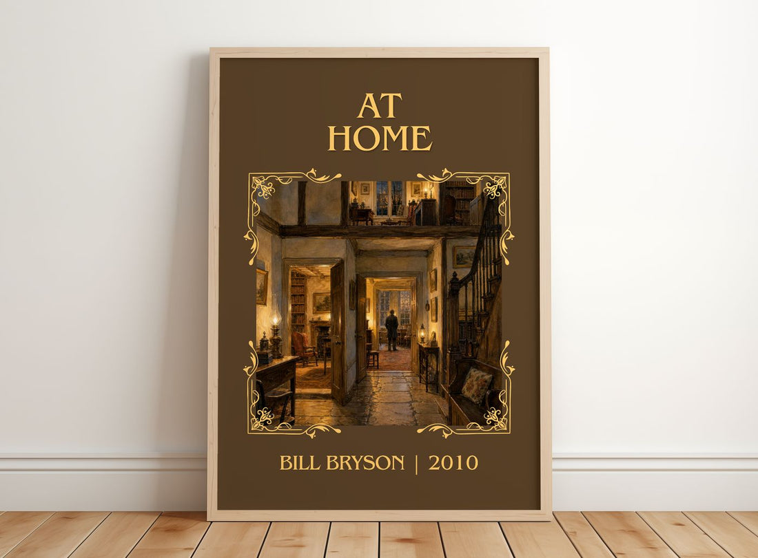 At Home Classic Book Art Print by Bill Bryson – framed print leaning on a wooden floor