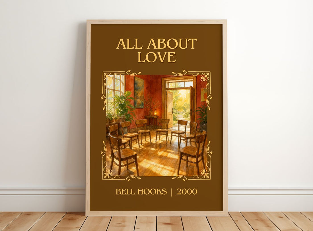 All About Love Classic Book Art Print by Bell Hooks – framed print leaning on a wooden floor