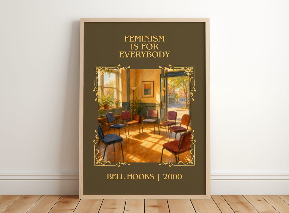Feminism Is for Everybody Classic Book Art Print by Bell Hooks – framed print leaning on a wooden floor