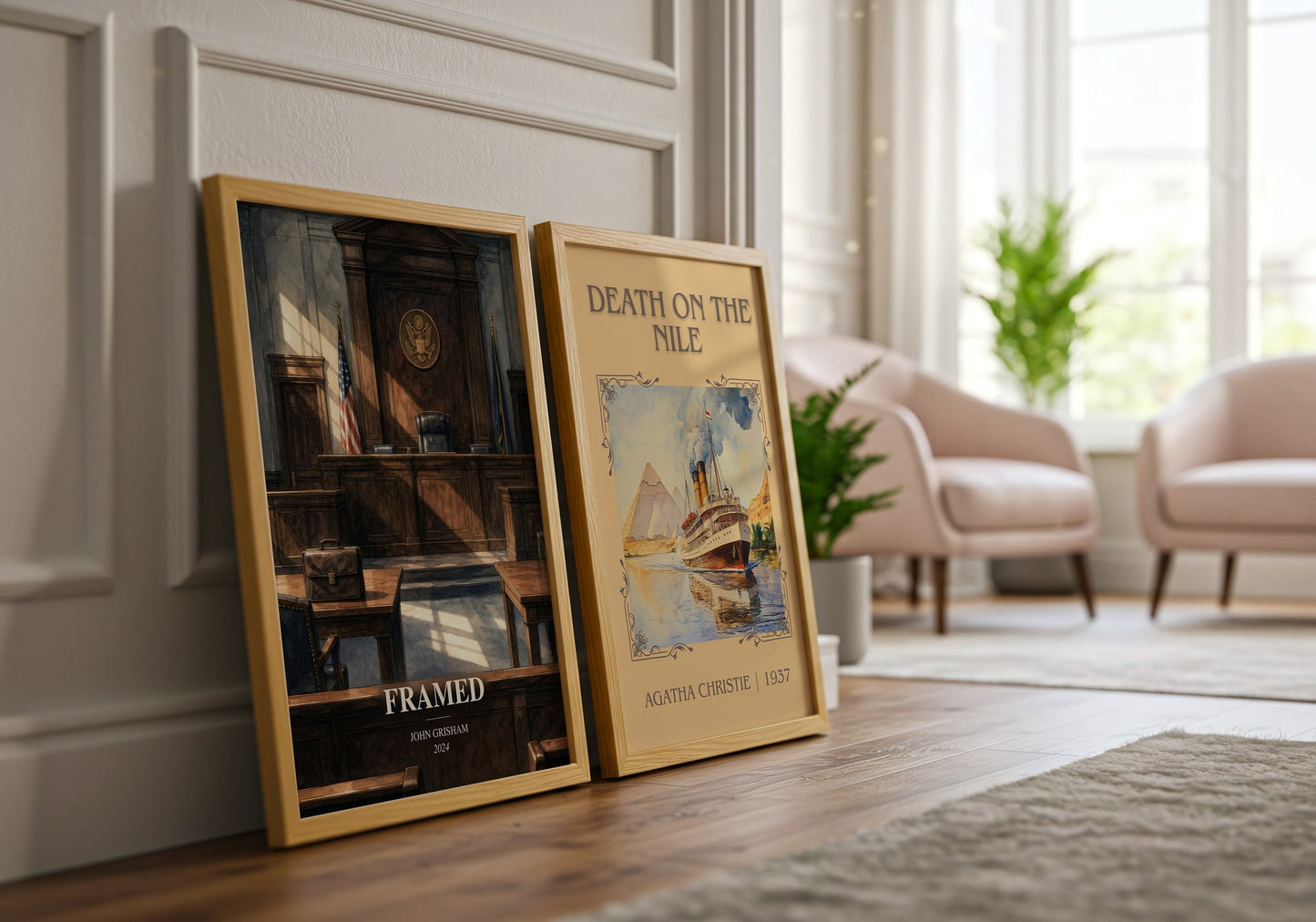 Framed watercolour print framed by window – literary home decor