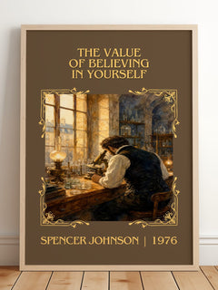 Value of Believing in Yourself Classic Book Art Print by S. Johnson – framed print leaning on a wooden floor
