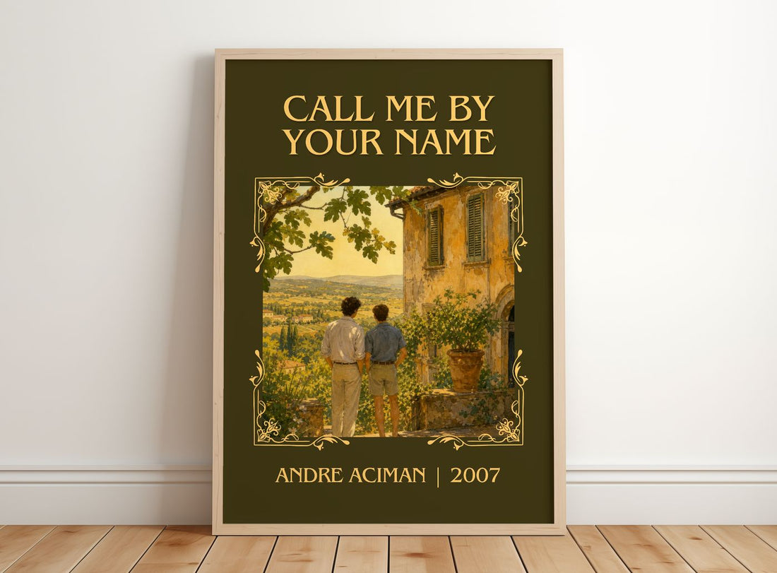Call Me by Your Name Classic Book Art Print by André Aciman – framed print leaning on a wooden floor
