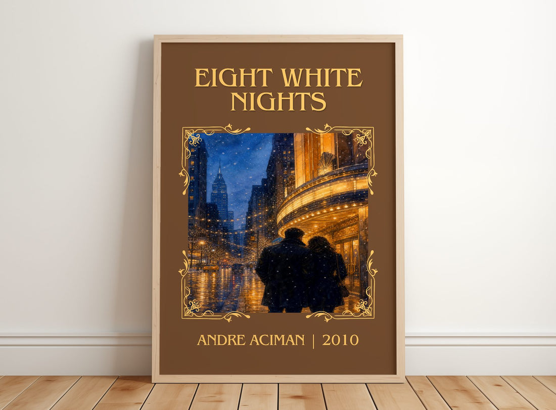 Eight white nights Classic Book Art Print by André Aciman – framed print leaning on a wooden floor