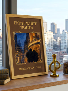 Eight white nights Classic Book Art Print by André Aciman – framed print on a city-view windowsill