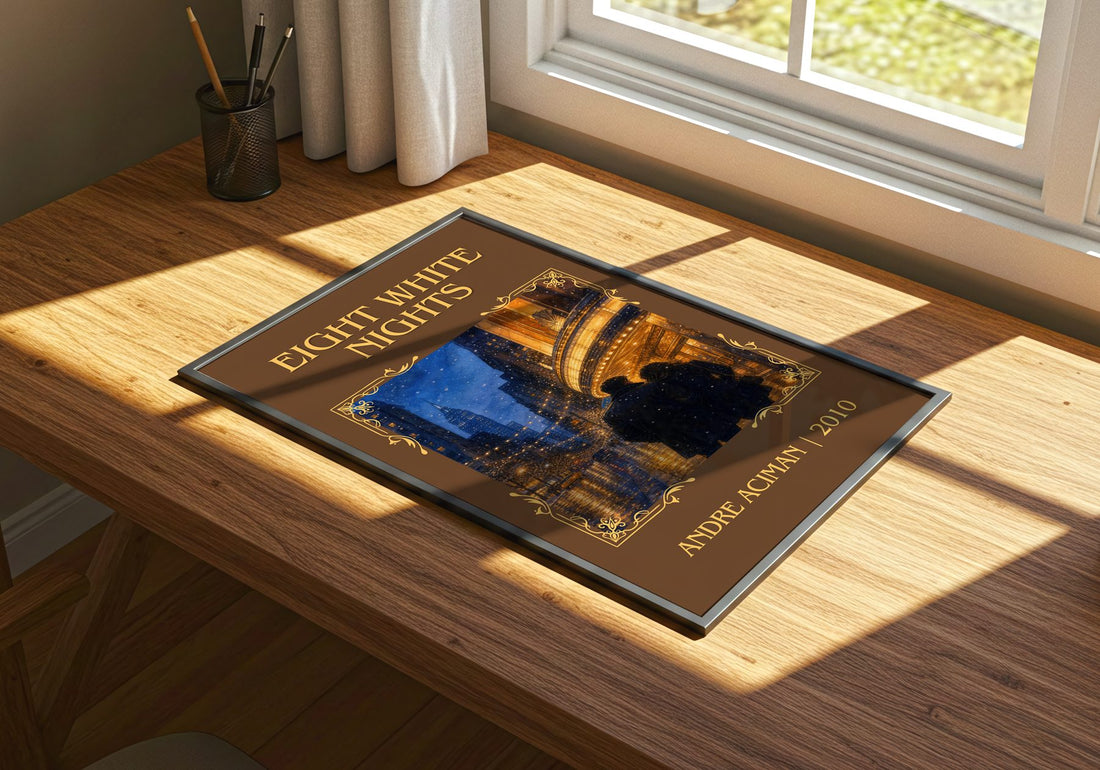 Eight white nights Classic Book Art Print by André Aciman – print on a sunlit desk