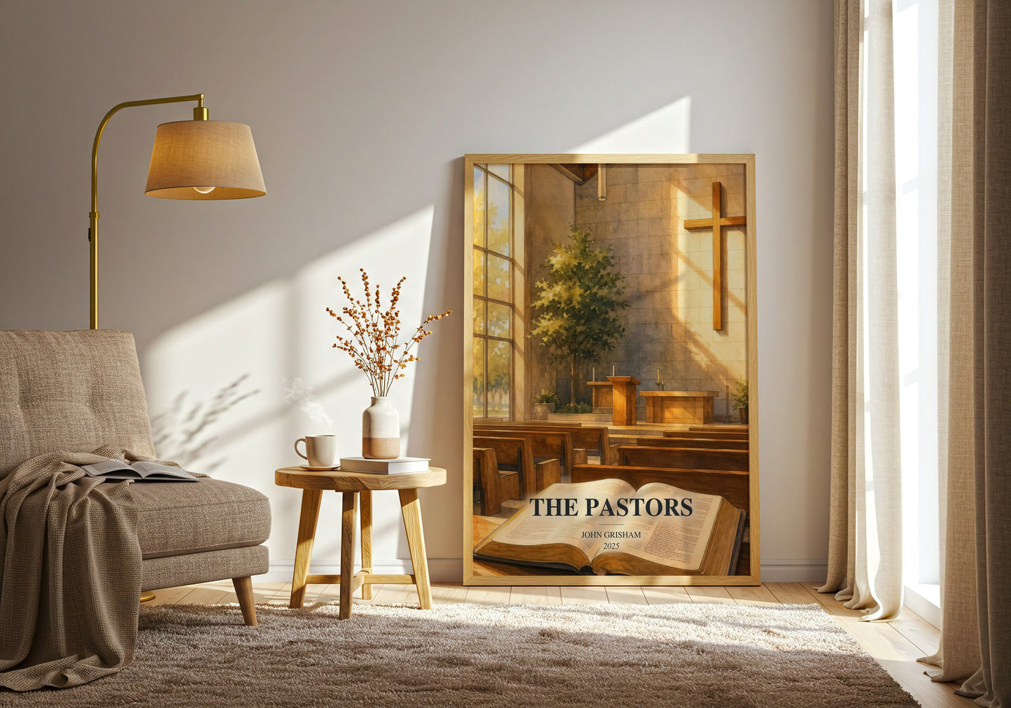 The Pastors watercolour print in frame leaning in hallway – thriller wall art