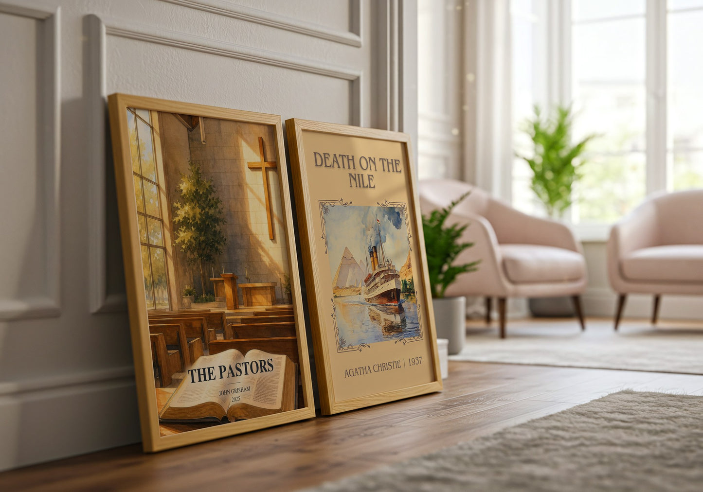 The Pastors watercolour print framed by window – literary home decor