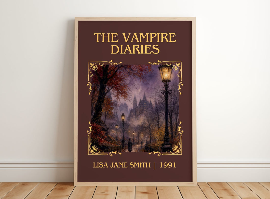 The Vampire Diaries Classic Book Art Print by Lisa Jane Smith – framed print leaning on a wooden floor