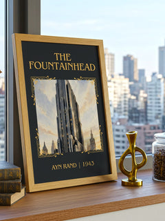 The Fountainhead Classic Book Art Print by Ayn Rand – framed print on a city-view windowsill